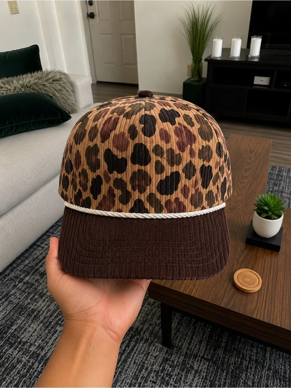 Leopard Print Corduroy Rope-Trim Cap - Brown